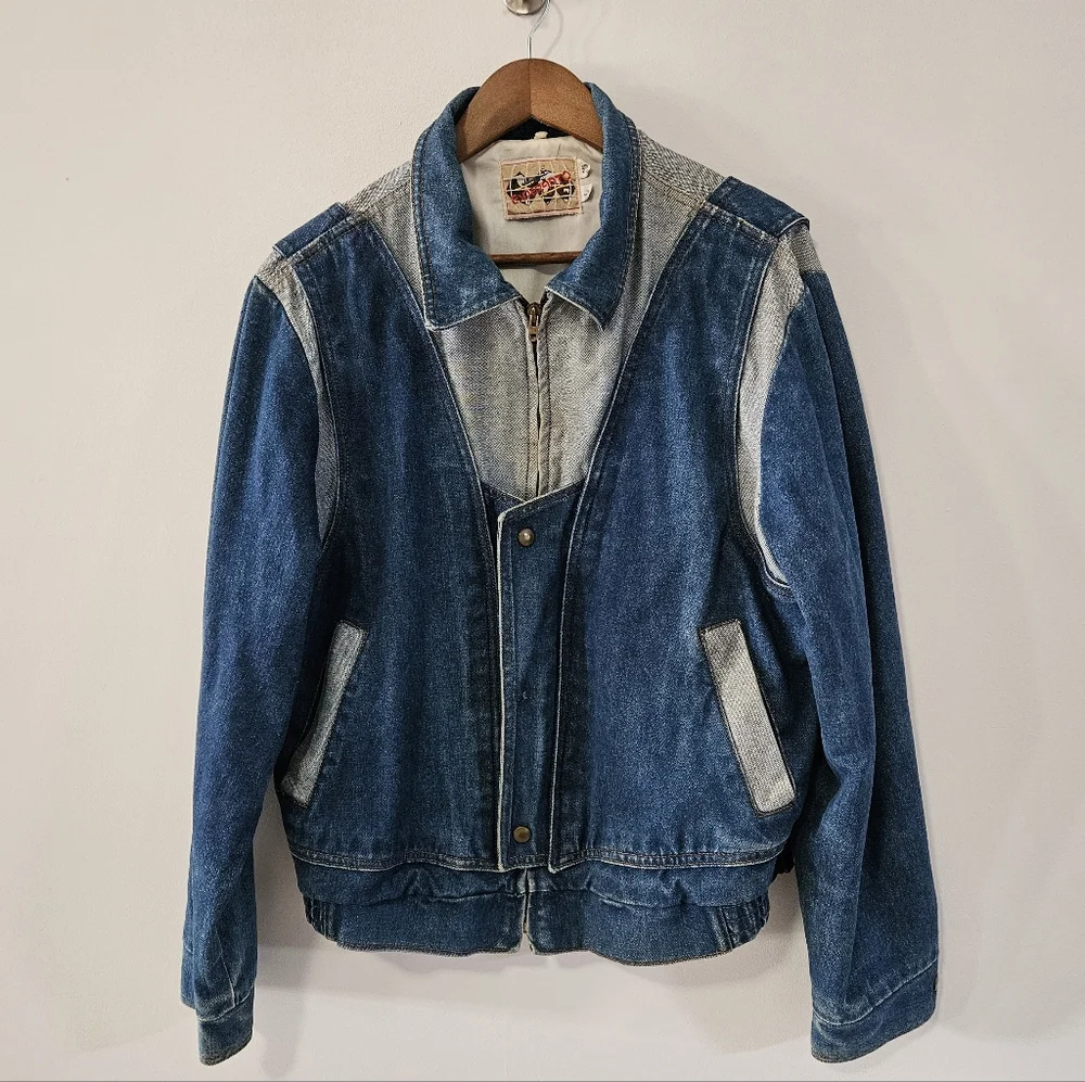 Vintage 80's 90's Denim Patchwork Distressed Bomber Jacket Large - Picture 1 of 11
